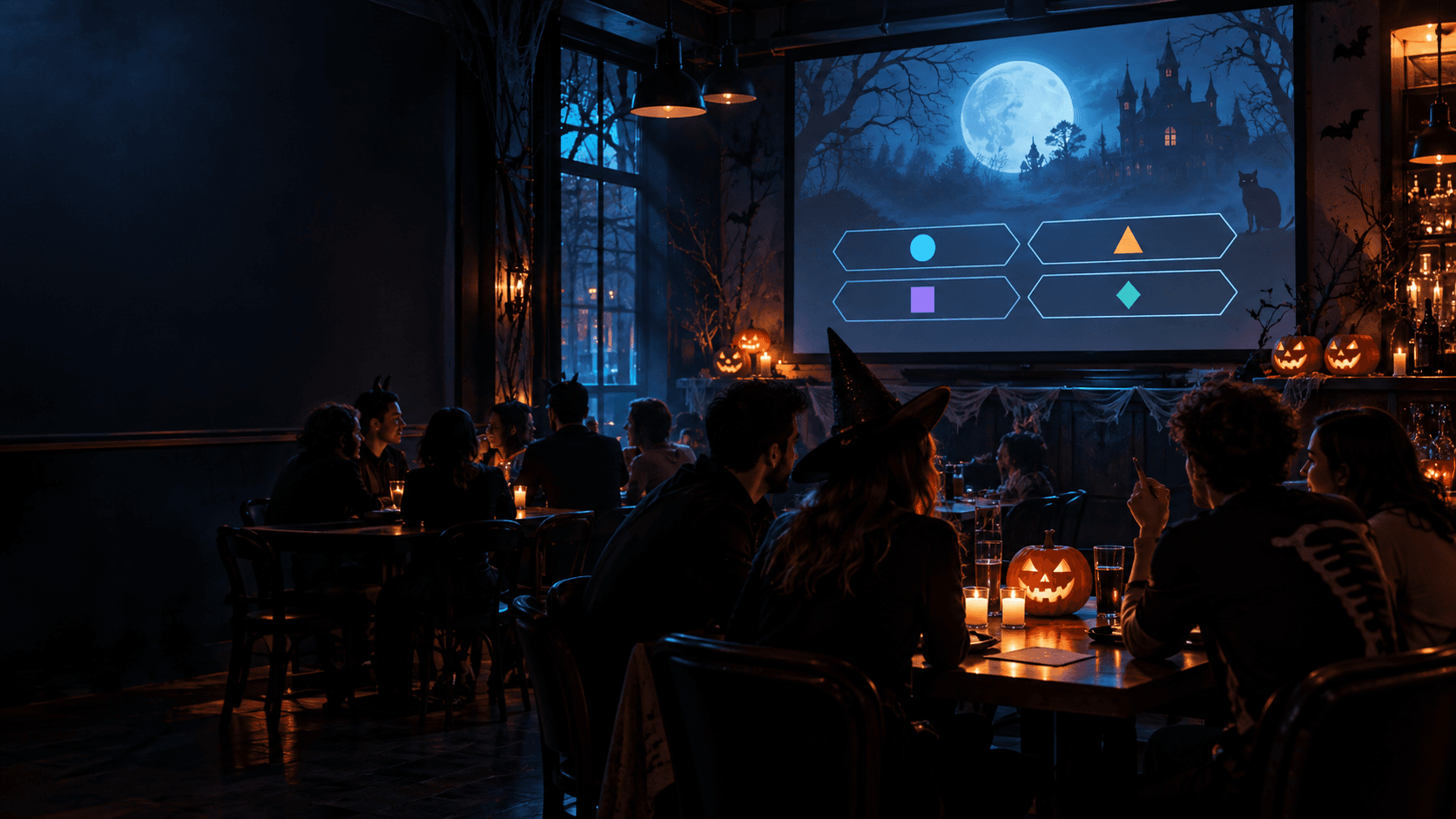 Halloweenowy quiz z drużynami i ekranem w klimacie horroru